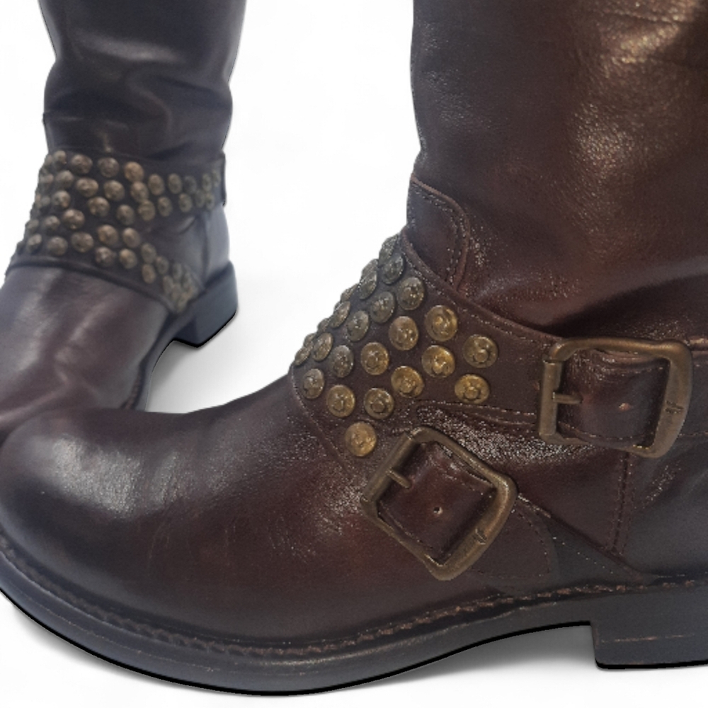 FRYE Studded Tall Dark Brown Boho Cottage Distressed Biker Grunge 8 M - Picture 3 of 16